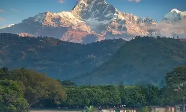 Lake View with Fishtail Mountain in the background at Pokhara