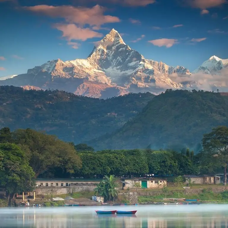Lake View with Fishtail Mountain in the background at Pokhara